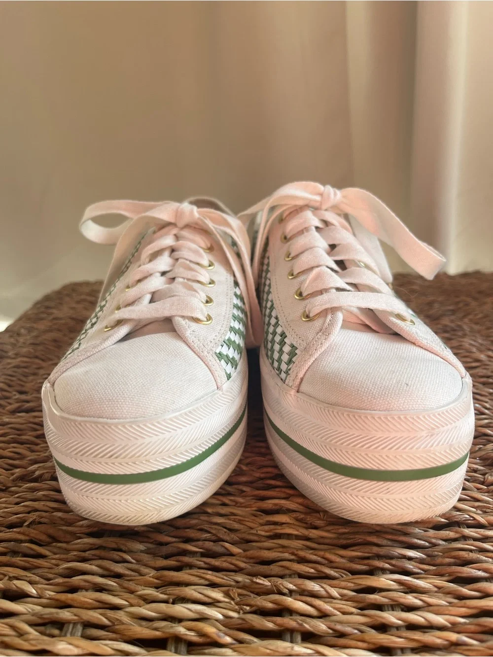 kate spade x Keds White and Green Woven Platform Sneakers